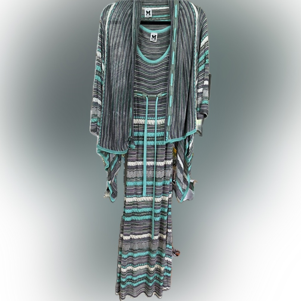 Missoni, two piece maxi dress with matching sweater, EUC, teal, silver, gray s8